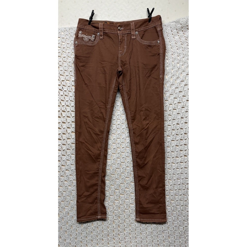 Rock Revival Roselle Jeans Women Sz 30 Fits W32L29 Brown Ankle Skinny Embroidery - Picture 2 of 11